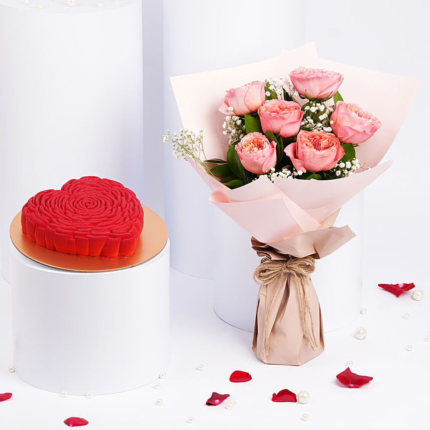 Heart Shape Cake with 6 Pink Garden Roses Bouquet