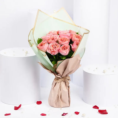 12 Pink Garden Roses Premium Bouquet