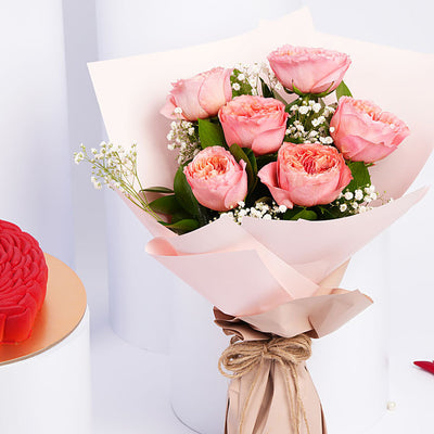 Heart Shape Cake with 6 Pink Garden Roses Bouquet