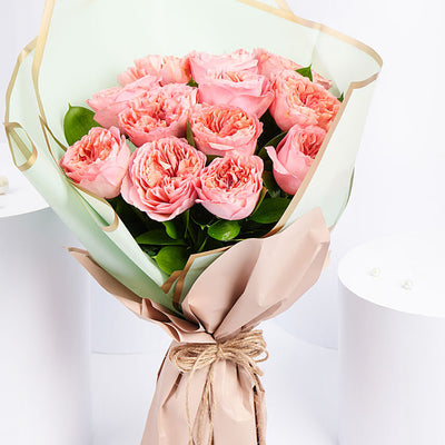 12 Pink Garden Roses Premium Bouquet